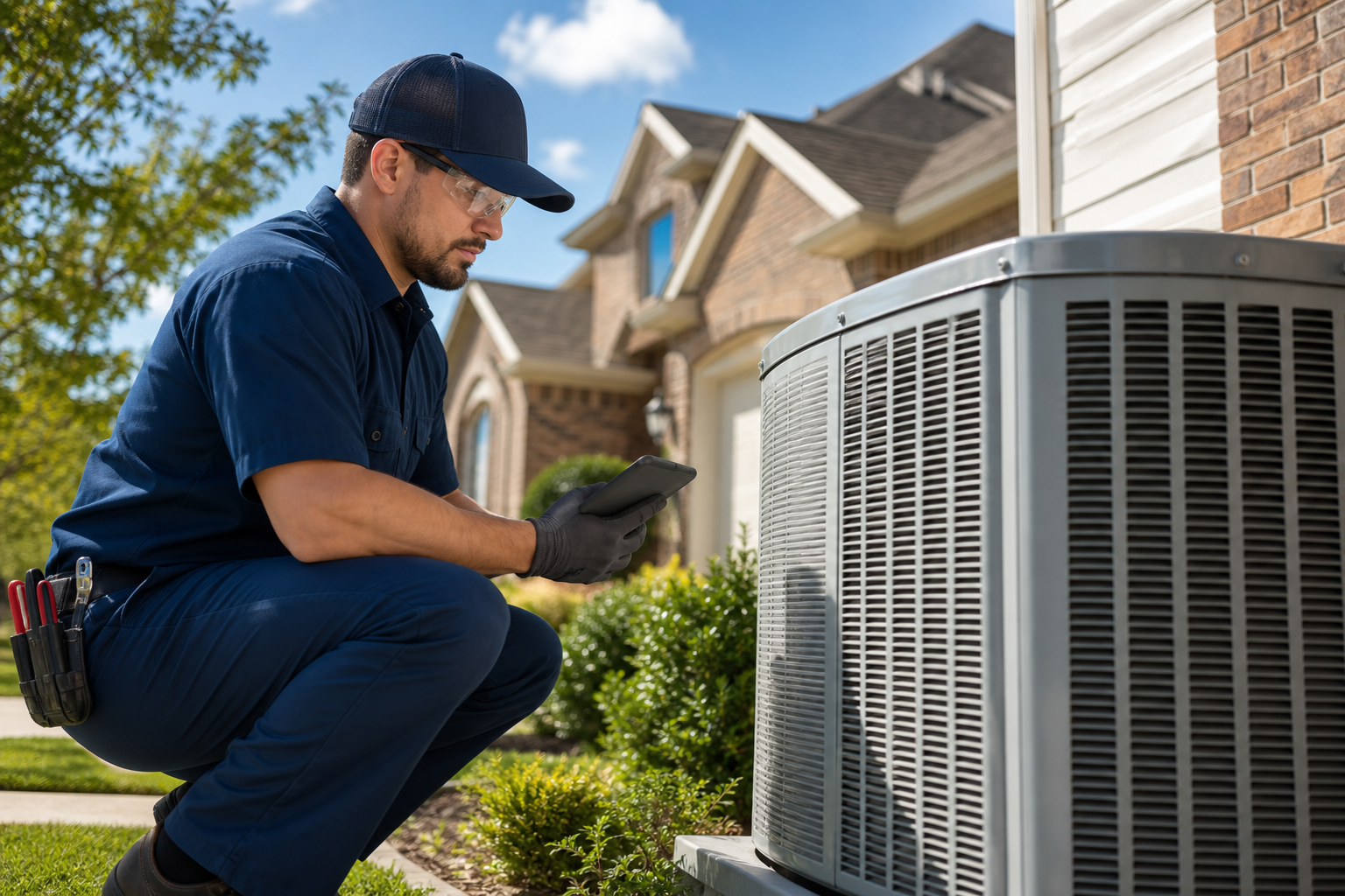 HVAC technician inspecting a residential air conditioner in spring.